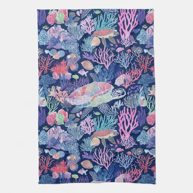 Chic turtle corals kitchen towel (Vertical)