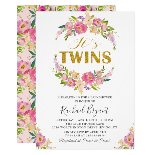 Chic Twin Girls Pink Floral Baby Shower Invitation
