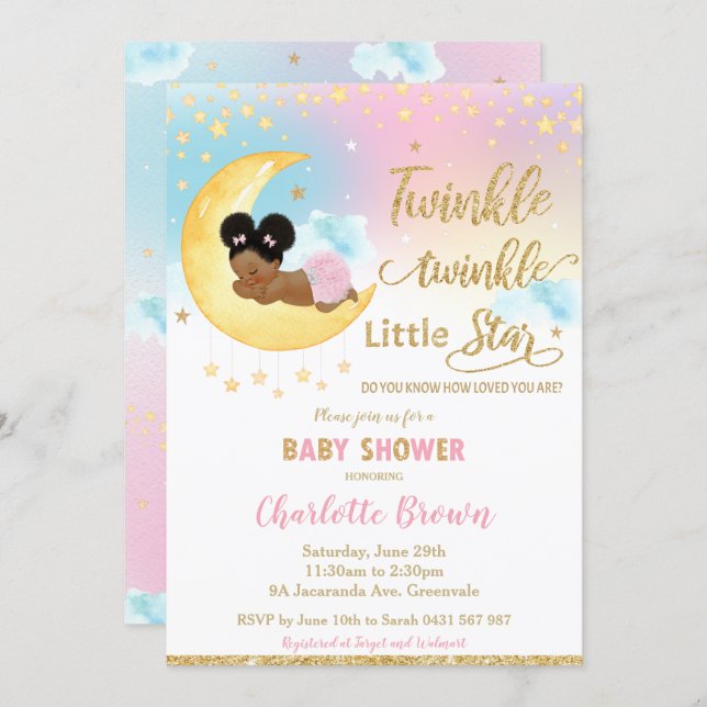 Chic Twinkle Little Star African Girl Baby Shower  Invitation (Front/Back)