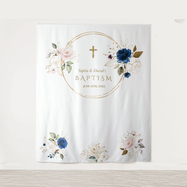 Chic Twins Pink Blush Floral Baptism Photo Prop Tapestry (Front)