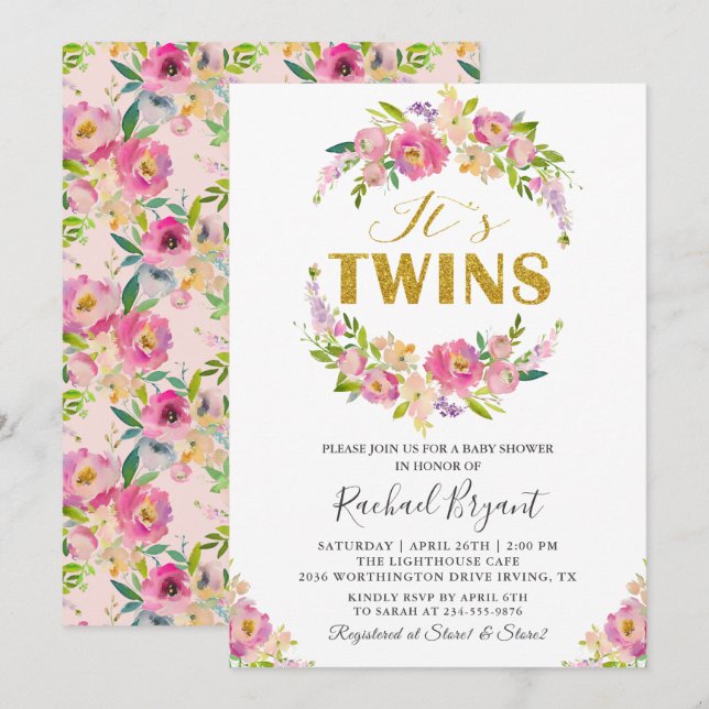 Chic Twins Pink Floral Baby Shower Invitation (Front/Back)