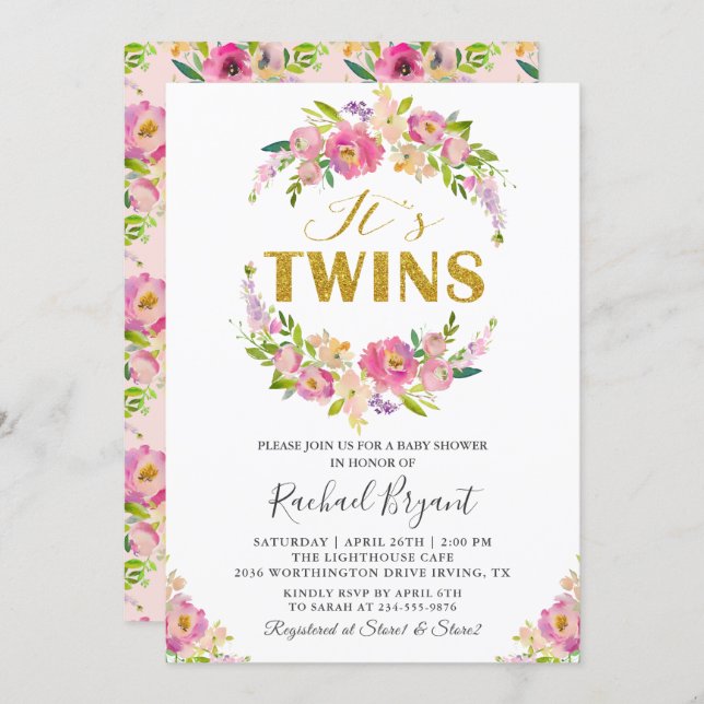 Chic Twins Pink Floral Baby Shower Invitation (Front/Back)