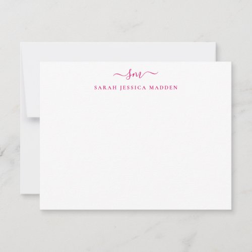 Chic Two Monogram Girly Script Magenta Pink Note Card