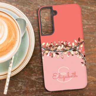 Chic Two Tone Coral Add A Name Monogram Leaves