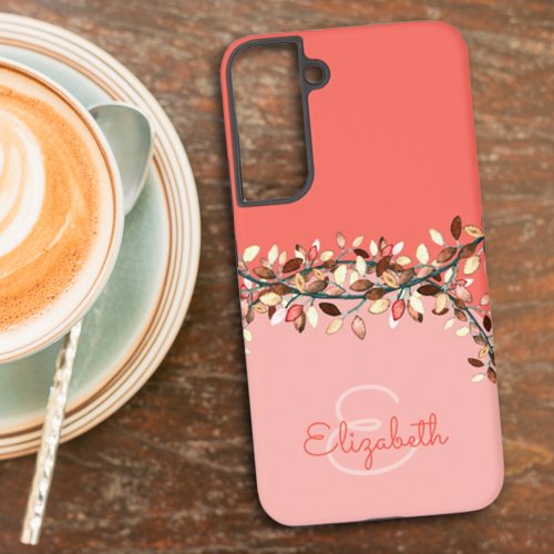 Chic Two Tone Coral Add A Name Monogram Leaves Samsung Galaxy S22 Case