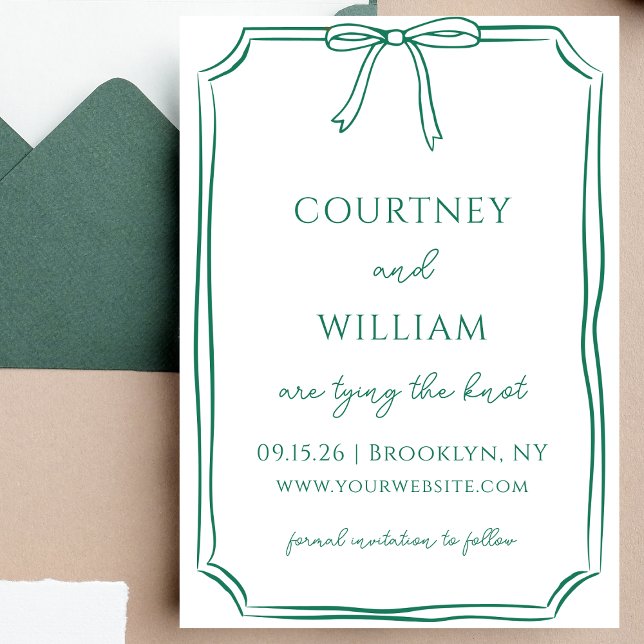 Chic Tying the Knot Hand-Drawn Bow Emerald Green Save The Date (Announce your wedding with this emerald green invitation—perfect for a classic celebration.)
