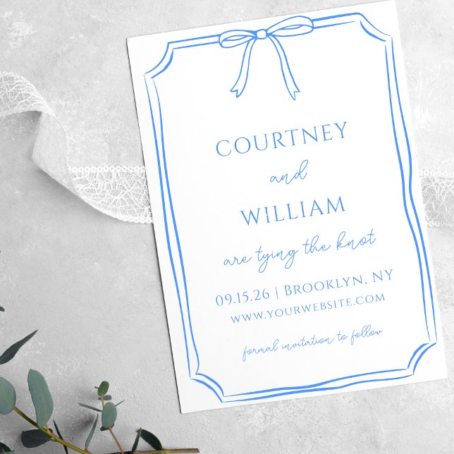 Chic Tying the Knot Hand-Drawn Bow Whimsical Blue Save The Date (Customize this sky blue wedding invitation for a fresh, modern touch to your special day.)