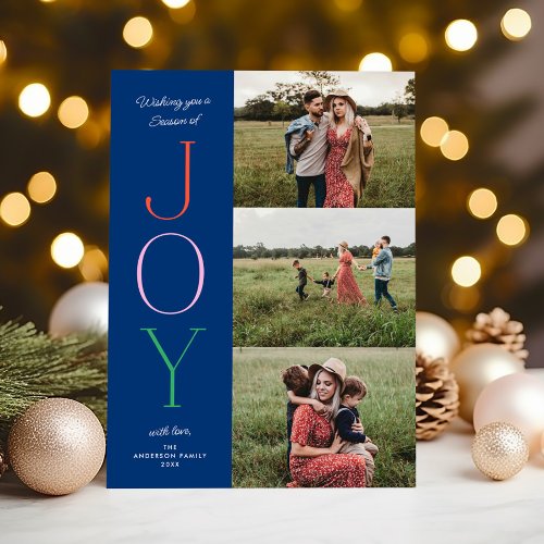 Chic Type Blue JOY Customizable Colors THREE Photo Holiday Card