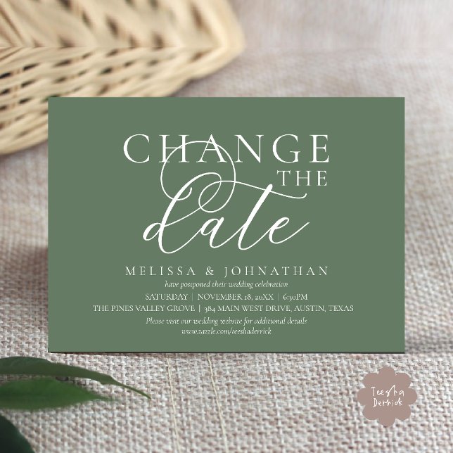 Chic Typographic Wedding Postpone Change the date Invitation (Chic Typographic Wedding Postpone Postponement Change the date Invitation card in sage green)