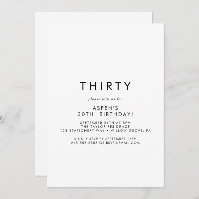 Chic Typography 30th Birthday Party Invitation (Front/Back)