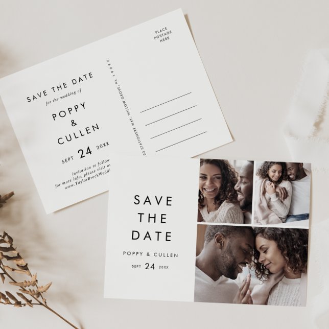 Chic Typography 3 Photo Collage Save the Date Invitation Postcard