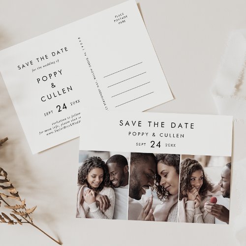 Chic Typography 3 Photo Save the Date Invitation Postcard