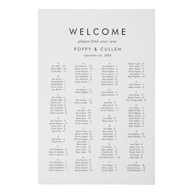 Chic Typography Alphabetical Seating Chart Faux Canvas Print (Front)