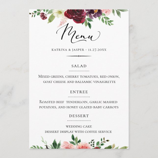 Chic Typography Burgundy Blush Floral Wedding Menu (Front)