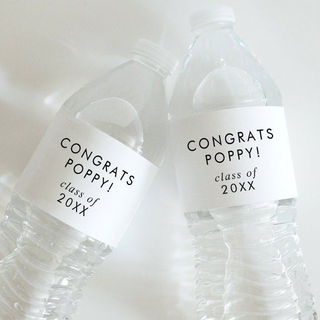 Chic Typography Congrats Grad Name Graduation Water Bottle Label (Creator Uploaded)