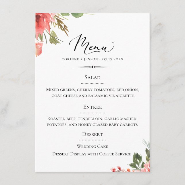 Chic Typography Coral Floral Wedding Menu (Front)