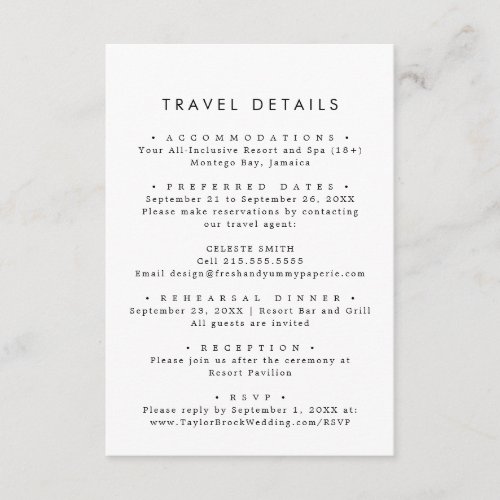 Chic Typography Destination Wedding Travel Details Enclosure Card