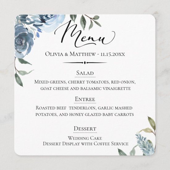 Chic Typography Dusty Blue Botanical Wedding Menu