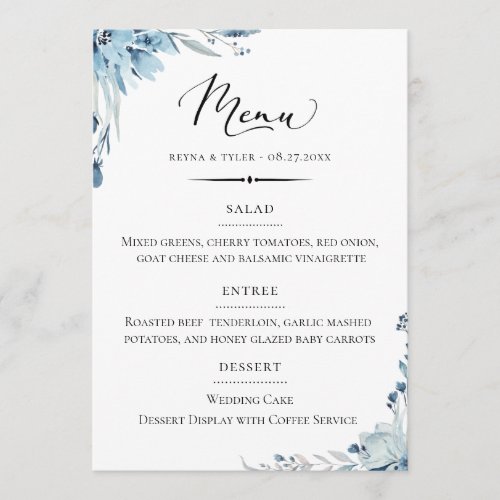 Chic Typography Dusty Blue Floral Wedding Menu