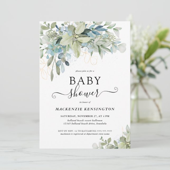Chic Typography Eucalyptus Greenery Baby Shower Invitation (Standing Front)