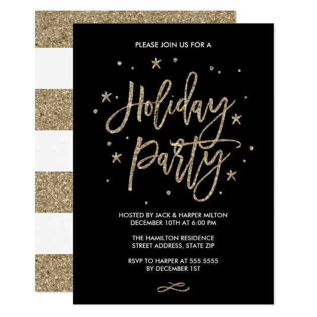 Chic Typography Faux Gold Glitter Holiday Party Invitation