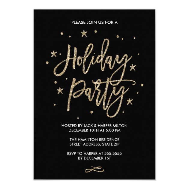 Chic Typography Faux Gold Glitter Holiday Party Invitation