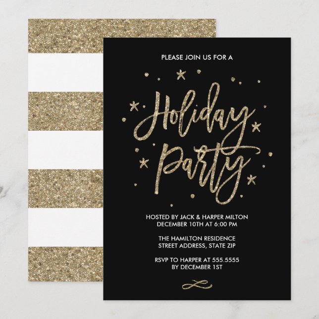 Chic Typography Faux Gold Glitter Holiday Party Invitation (Front/Back)
