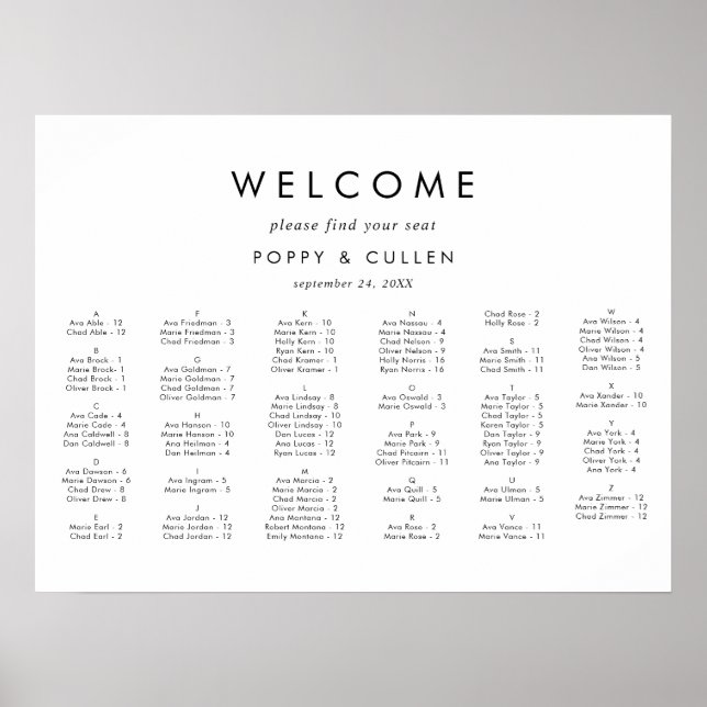 Chic Typography Horizontal Seating Chart (Front)