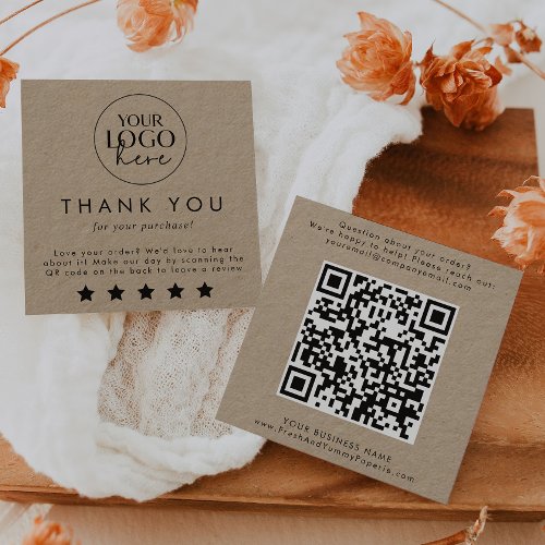 Chic Typography Kraft Logo QR Code Leave A Review Square Business Card