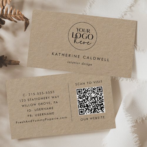 Chic Typography Kraft Paper Logo and QR Code Business Card