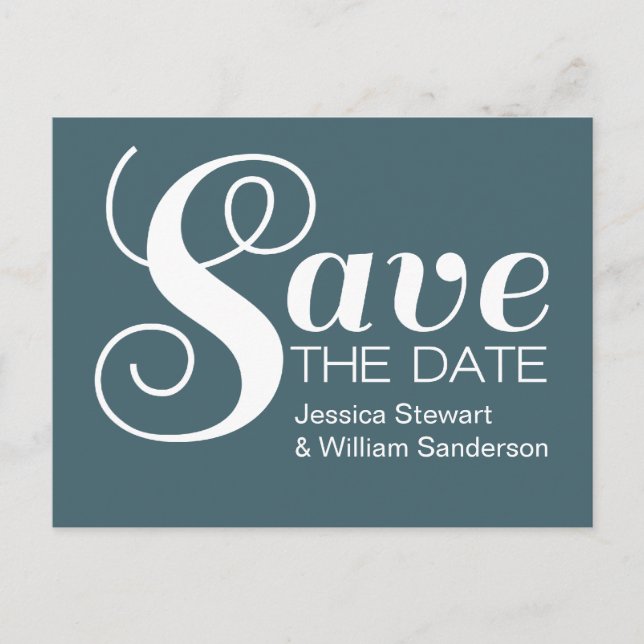 Chic Typography Save the Date Postcard, Blue Announcement Postcard (Front)