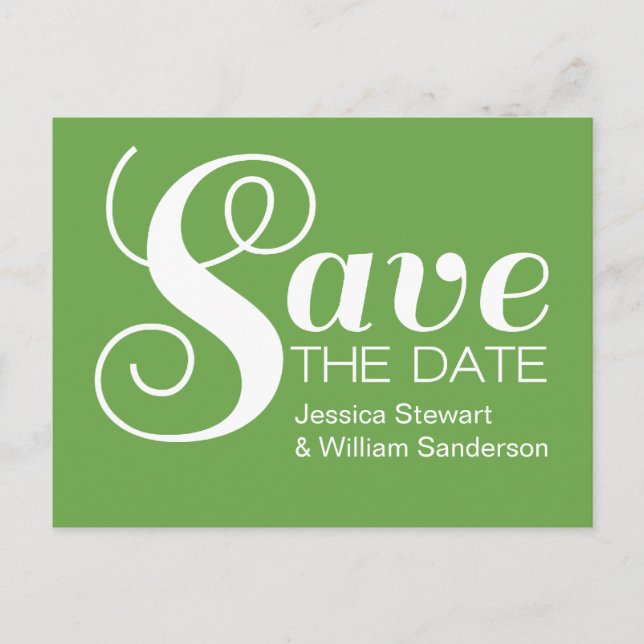 Chic Typography Save the Date Postcard, Green Announcement Postcard (Front)