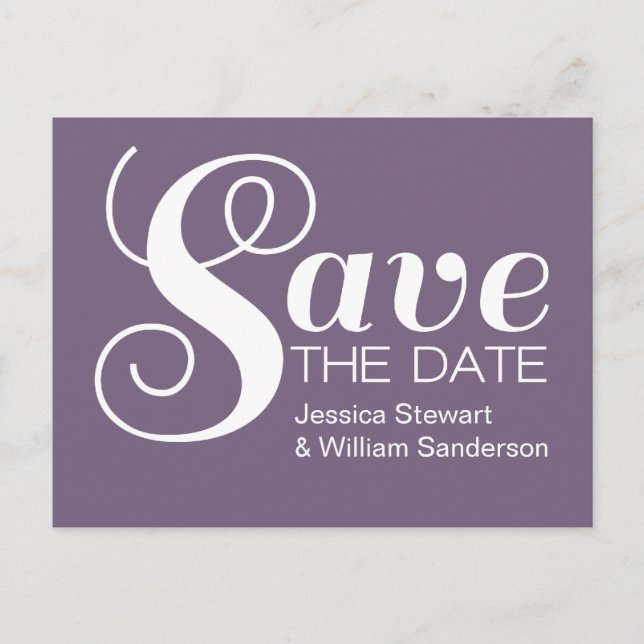 Chic Typography Save the Date Postcard, Purple Announcement Postcard (Front)