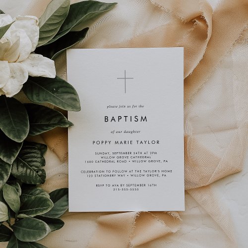 Chic Typography Silver Cross Baptism Invitation