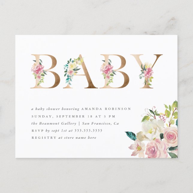 Chic Typography Watercolor Floral Gold Baby Shower Invitation Postcard (Front)