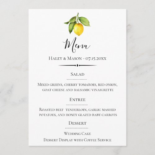 Chic Typography Watercolor Lemon Wedding Menu