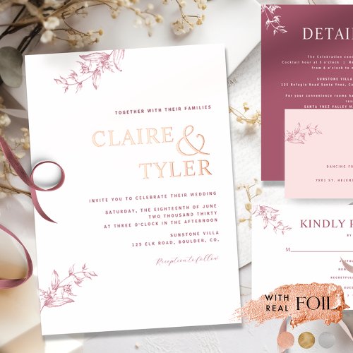 Chic Typography Wedding Burgundy and Rose Gold Foil Invitation