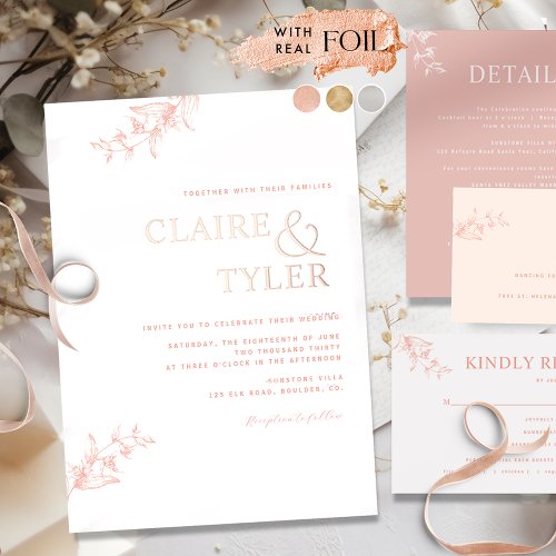 Chic Typography Wedding Peach Blush and Rose Gold Foil Invitation