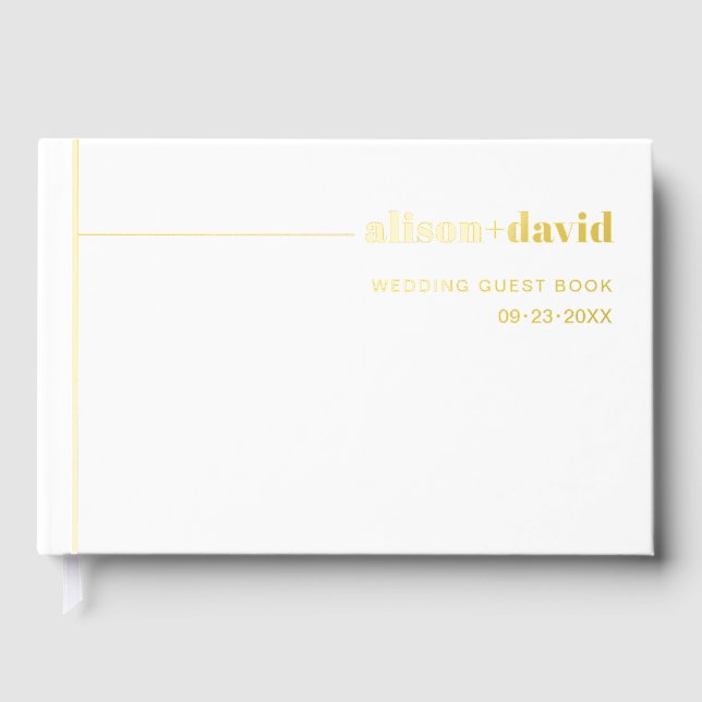 Chic typography white minimalist foil wedding guest book  (Front)