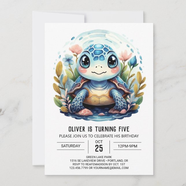 Chic Under the Sea Blue Turtle Boy Birthday Invitation (Front)