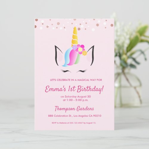Chic Unicorn Confetti 1st birthday party   Invitation