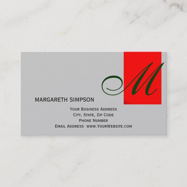 Chic Unique Monogram Grey Red Business Card (Front)