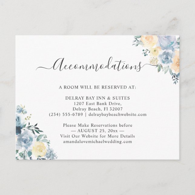 Chic Vanilla Blue Floral Accommodations Card (Front)
