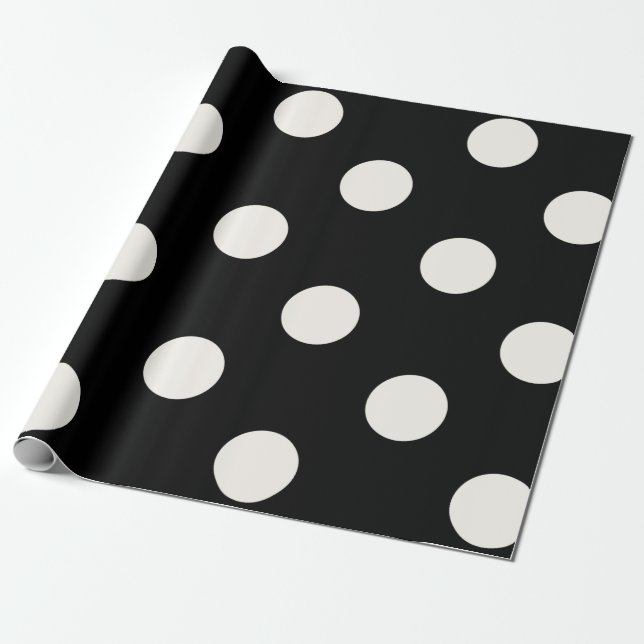 Chic Vanilla Polka Dots Pattern On Black Wedding Wrapping Paper (Unrolled)