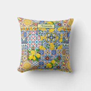Chic Vase Mediterranean orange tiles monogram Throw Pillow