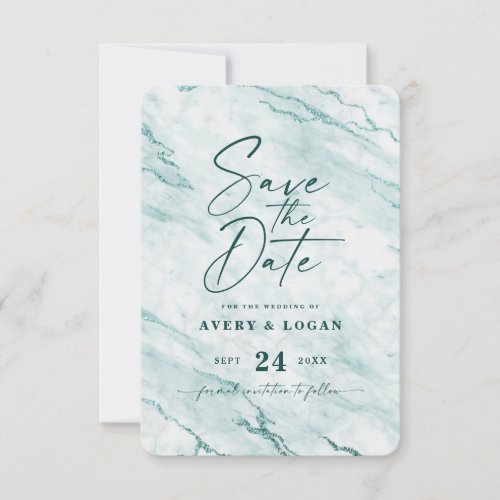 Chic Verde Light Green Marble with Foil Details Save The Date