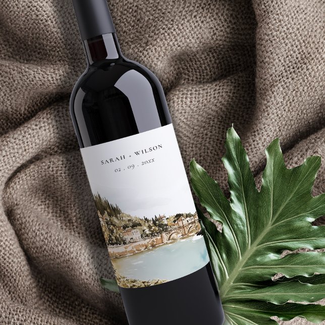 Chic Verona Adige River Italy Watercolor Wedding Wine Label (Creator Uploaded)