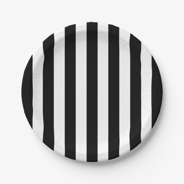 Chic Vertical Stripes Black And White Striped  Paper Plates (Front)