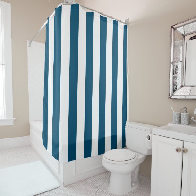 Chic Vertical Stripes Blue And White Striped   Shower Curtain (In Situ)