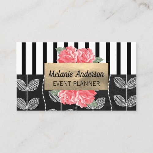 Chic Vertical Stripes  Flower Chalk Doodle Business Card